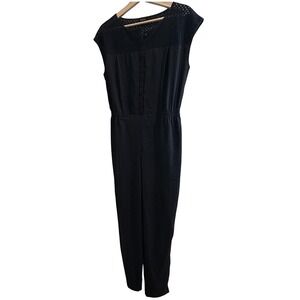 Ann Taylor Navy Eyelet Lace Yoke Sleeveless Jumpsuit Size 6 Tapered Leg Career